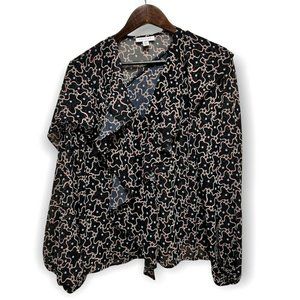 Topshop Women's Size 6 Grunge Ruffle Blouse Puff Long Sleeve V-Neck Black Multi